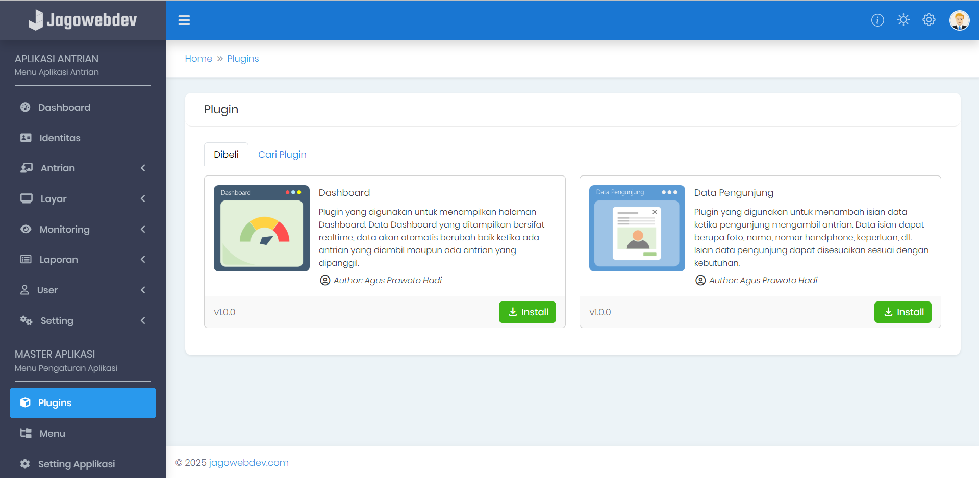 Halaman Plugin Pada Aplikasi Antrian Professional
